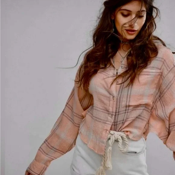 FREE PEOPLE PLAID BUTTON DOW TOP - Picture 1 of 6